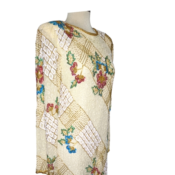 Gorgeous 100% SilkBeige embroidered midi long sleeve beaded sequins dress Size M - Picture 8 of 13